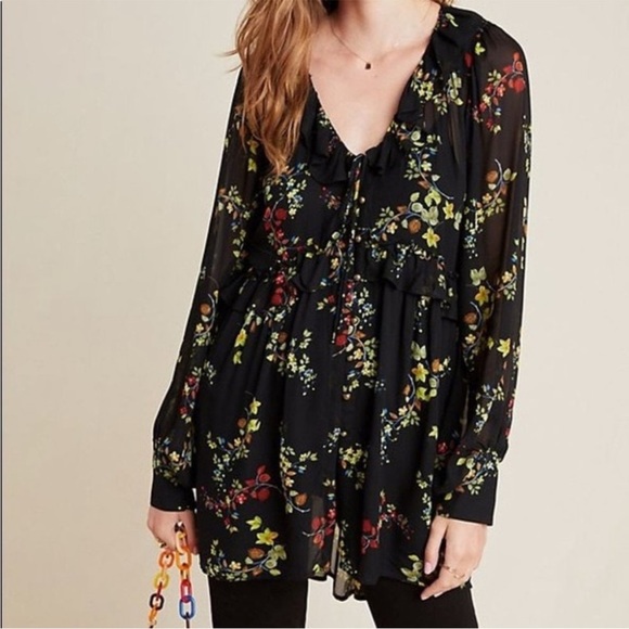 Anthropologie Jamison Black Floral Sheer Tunic With Ruffle Trim Dark Romance S - Picture 1 of 15